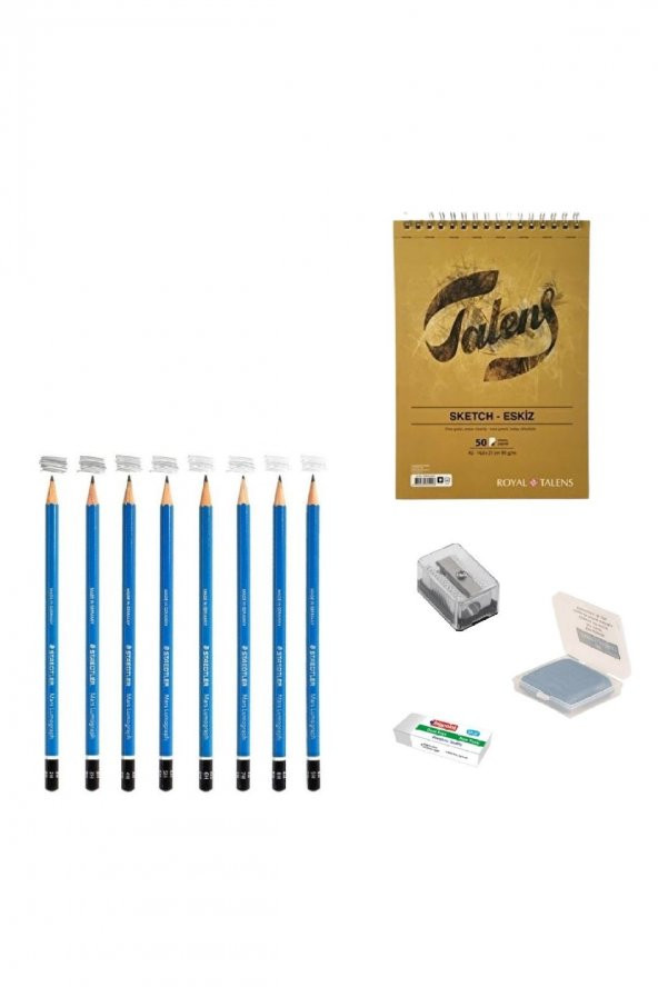 Steadtler Eskiz Başlangıç Seti 10 + Dereceli kalem + a5 Defter + Dağıtıcı Set + silgi + Açacak + Hamur silgi