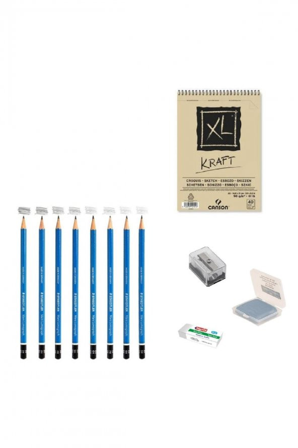 Steadtler Eskiz Başlangıç Seti 5 + Dereceli kalem + a5 Defter + Dağıtıcı Set + silgi + Açacak + Hamur silgi