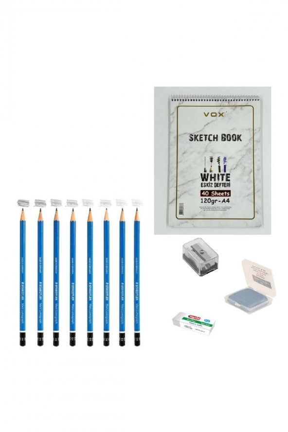 Steadtler Eskiz Başlangıç Seti 8 + Dereceli kalem + a5 Defter + Dağıtıcı Set + silgi + Açacak + Hamur silgi