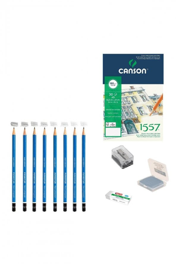 Steadtler Eskiz Başlangıç Seti 9 + Dereceli kalem + a5 Defter + Dağıtıcı Set + silgi + Açacak + Hamur silgi