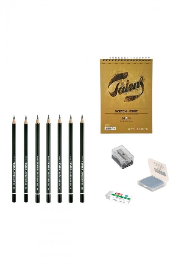 LYRA Eskiz Başlangıç Seti 10 + Dereceli kalem + a5 Defter + Dağıtıcı Set + silgi + Açacak + Hamur silgi