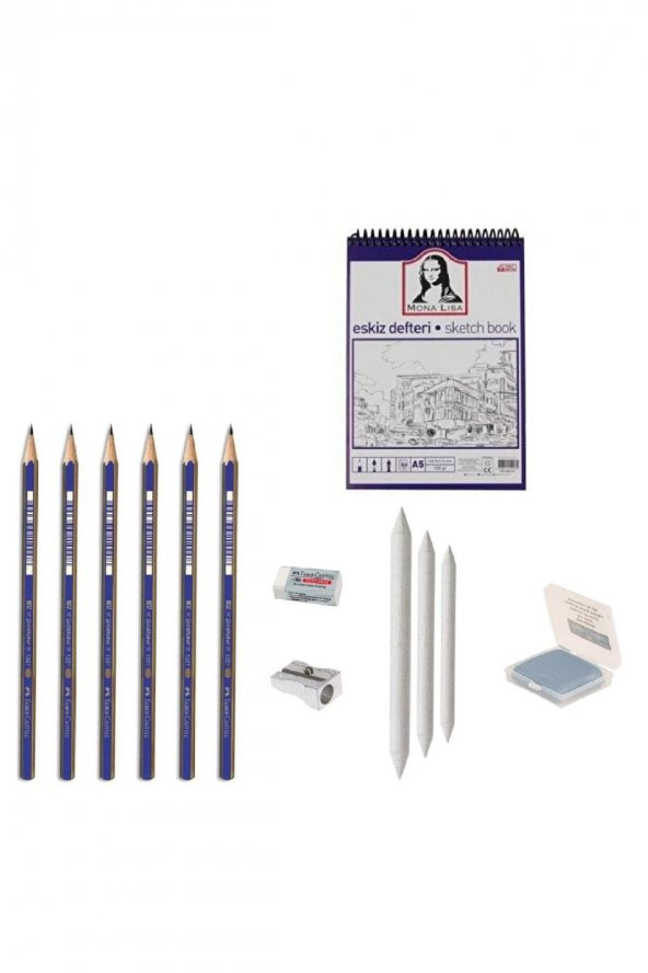 Faber Castel Eskiz Başlangıç Seti 3 + Dereceli kalem + a5 Defter + Dağıtıcı Set + silgi + Açacak + Hamur silgi