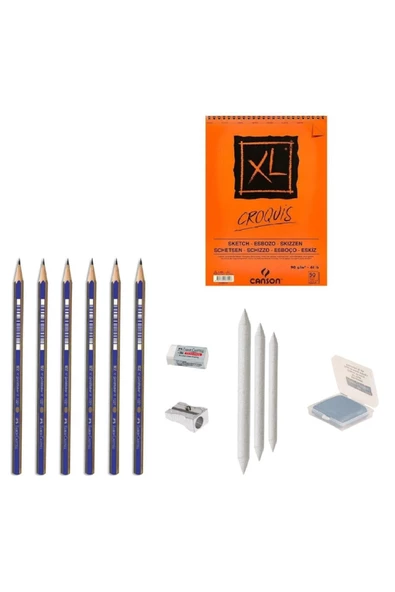 Faber Castel Eskiz Başlangıç Seti 6 + Dereceli kalem + a5 Defter + Dağıtıcı Set + silgi + Açacak + Hamur silgi