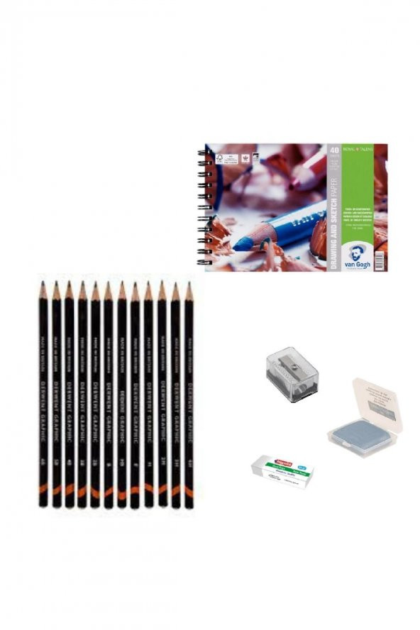 Derwent Eskiz Başlangıç Seti 1 + Dereceli kalem + a5 Defter + Dağıtıcı Set + silgi + Açacak + Hamur silgi