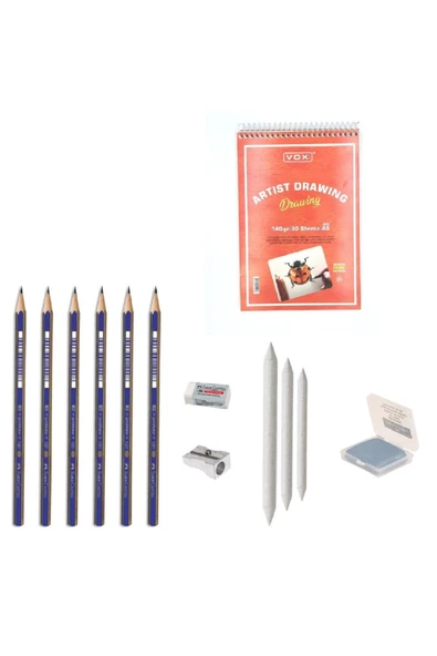 Faber Castel Eskiz Başlangıç Seti 7 + Dereceli kalem + a5 Defter + Dağıtıcı Set + silgi + Açacak + Hamur silgi