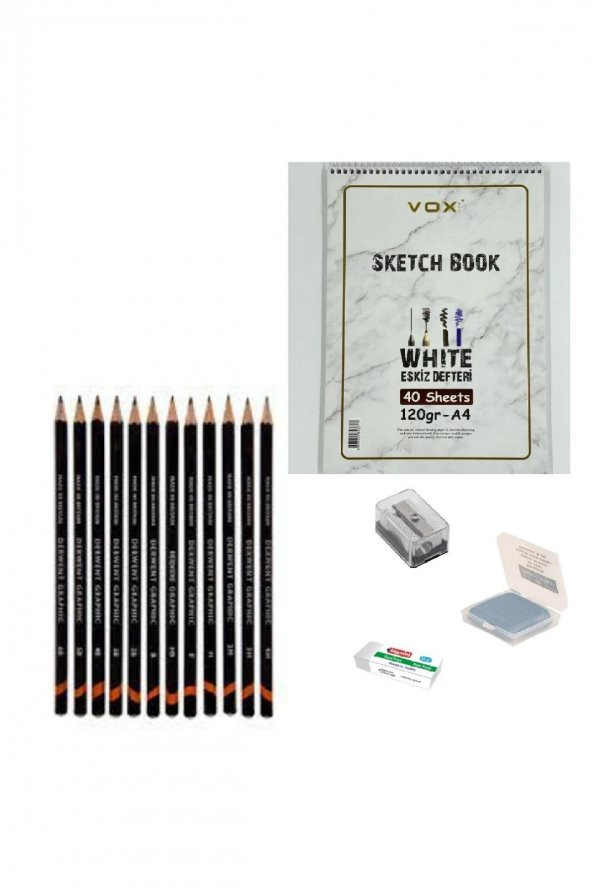 Derwent Eskiz Başlangıç Seti 5 + Dereceli kalem + a5 Defter + Dağıtıcı Set + silgi + Açacak + Hamur silgi