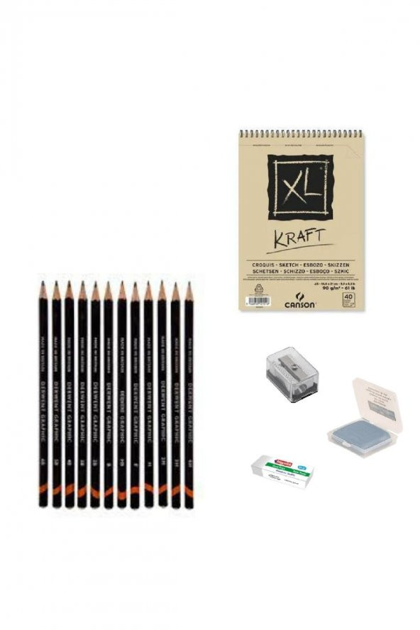 Derwent Eskiz Başlangıç Seti 8 + Dereceli kalem + a5 Defter + Dağıtıcı Set + silgi + Açacak + Hamur silgi