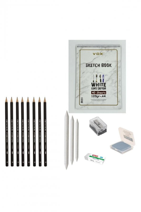 CretaColor Eskiz Başlangıç Seti 8 + Dereceli kalem + a5 Defter + Dağıtıcı Set + silgi + Açacak + Hamur silgi