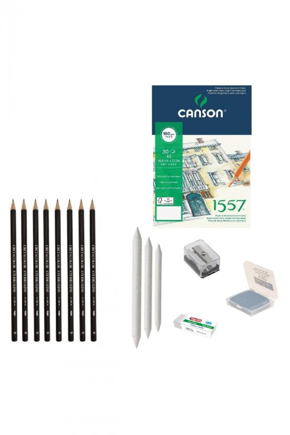CretaColor Eskiz Başlangıç Seti 9 + Dereceli kalem + a5 Defter + Dağıtıcı Set + silgi + Açacak + Hamur silgi