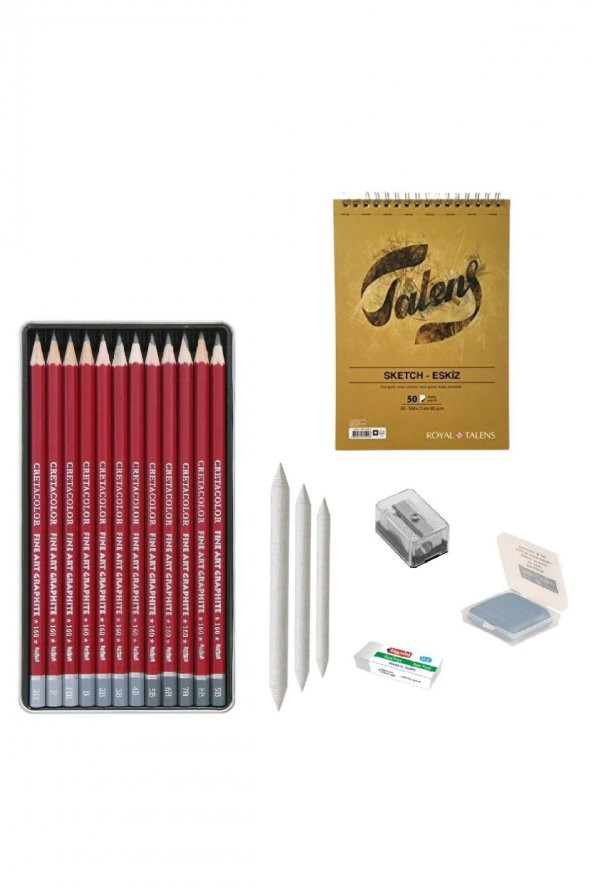 CretaColor Eskiz Başlangıç Seti 1 + Dereceli kalem + a5 Defter + Dağıtıcı Set + silgi + Açacak + Hamur silgi