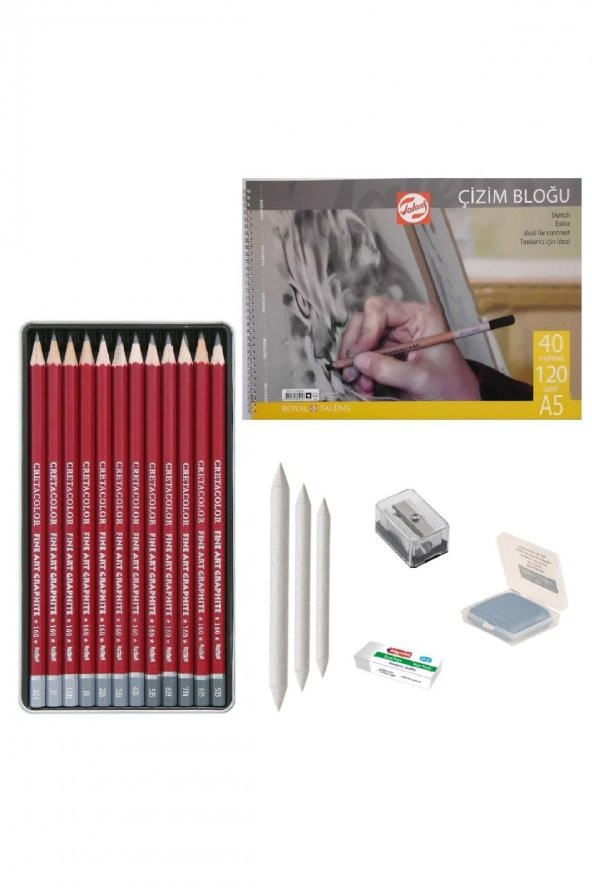 CretaColor Eskiz Başlangıç Seti 3 + Dereceli kalem + a5 Defter + Dağıtıcı Set + silgi + Açacak + Hamur silgi
