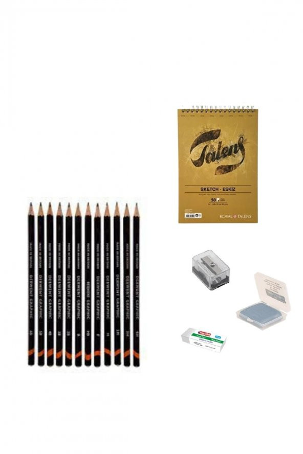 Derwent Eskiz Başlangıç Seti 10 + Dereceli kalem + a5 Defter + Dağıtıcı Set + silgi + Açacak + Hamur silgi