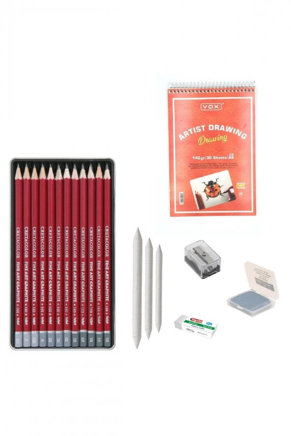 CretaColor Eskiz Başlangıç Seti 8 + Dereceli kalem + a5 Defter + Dağıtıcı Set + silgi + Açacak + Hamur silgi