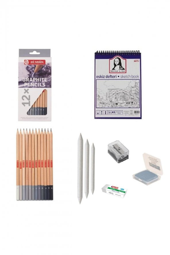 Bruynzeel Eskiz Başlangıç Seti 3 + Dereceli kalem + a5 Defter + Dağıtıcı Set + silgi + Açacak + Hamur silgi