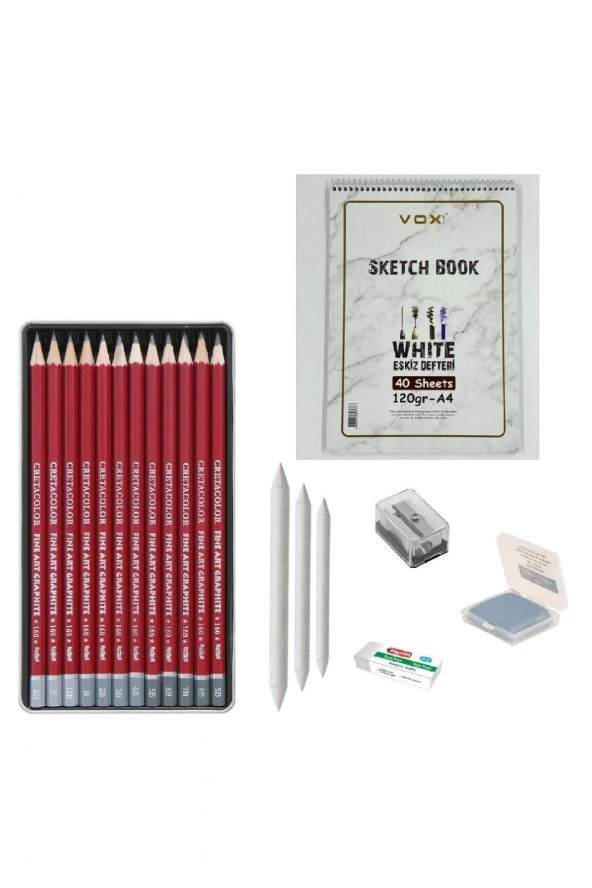 CretaColor Eskiz Başlangıç Seti 9 + Dereceli kalem + a5 Defter + Dağıtıcı Set + silgi + Açacak + Hamur silgi