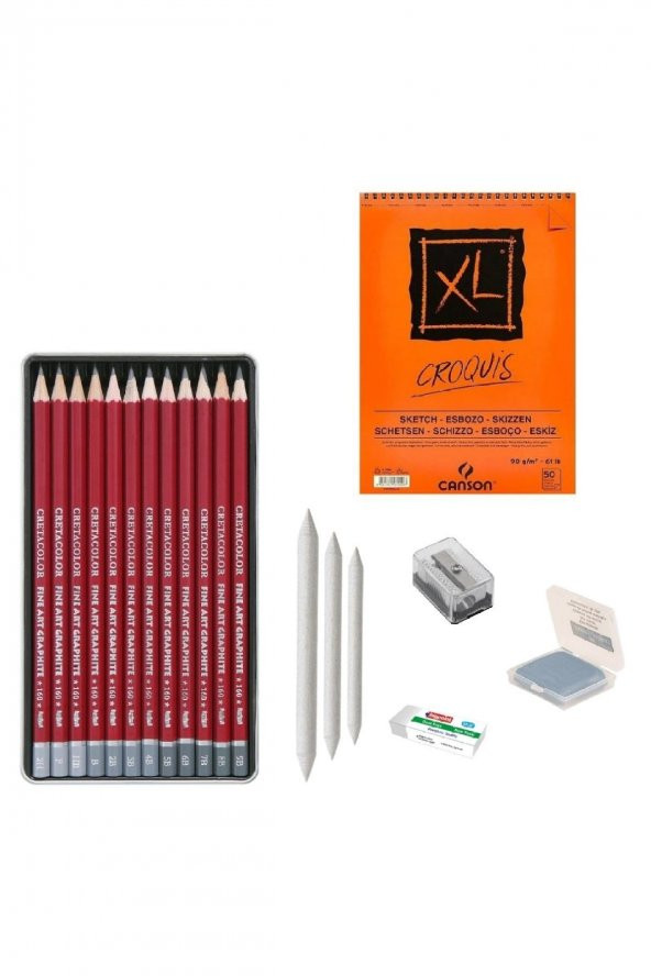 CretaColor Eskiz Başlangıç Seti 7 + Dereceli kalem + a5 Defter + Dağıtıcı Set + silgi + Açacak + Hamur silgi