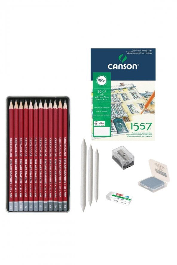 CretaColor Eskiz Başlangıç Seti 10 + Dereceli kalem + a5 Defter + Dağıtıcı Set + silgi + Açacak + Hamur silgi