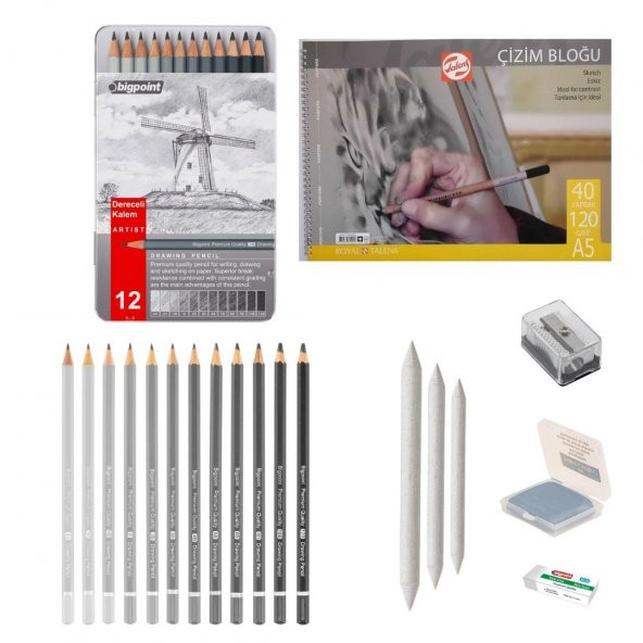 Bigpoint Eskiz Başlangıç Seti 3 + Dereceli kalem + a5 Defter + Dağıtıcı Set + silgi + Açacak + Hamur silgi