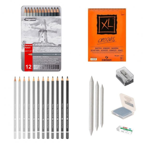 Bigpoint Eskiz Başlangıç Seti 7 + Dereceli kalem + a5 Defter + Dağıtıcı Set + silgi + Açacak + Hamur silgi