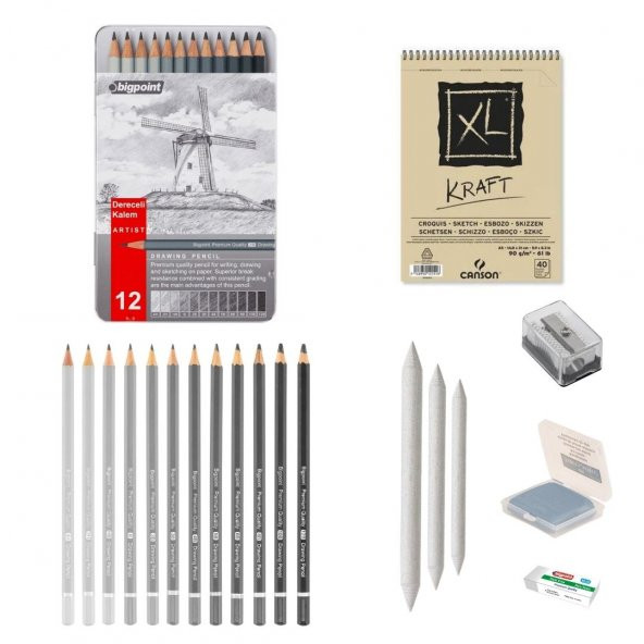 Bigpoint Eskiz Başlangıç Seti 6 + Dereceli kalem + a5 Defter + Dağıtıcı Set + silgi + Açacak + Hamur silgi