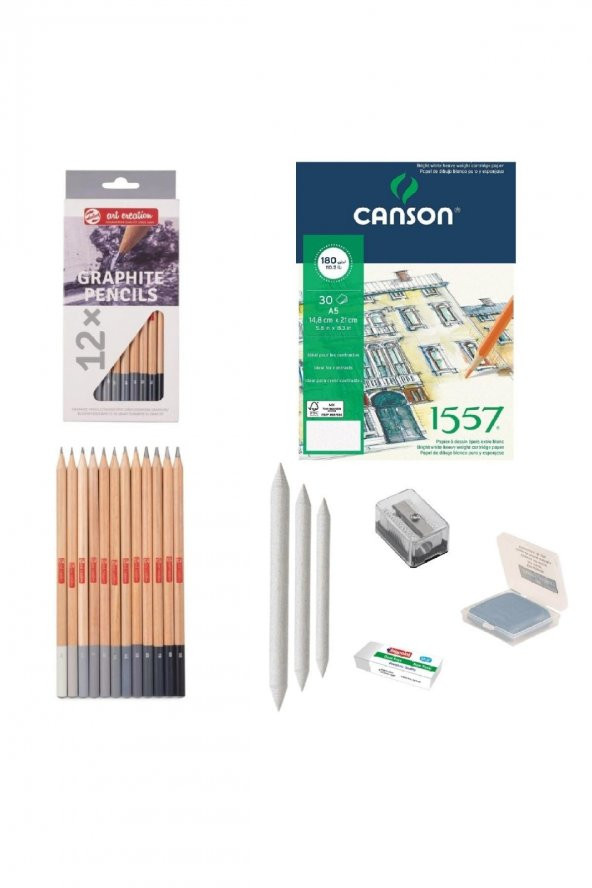 Bruynzeel Eskiz Başlangıç Seti 9 + Dereceli kalem + a5 Defter + Dağıtıcı Set + silgi + Açacak + Hamur silgi