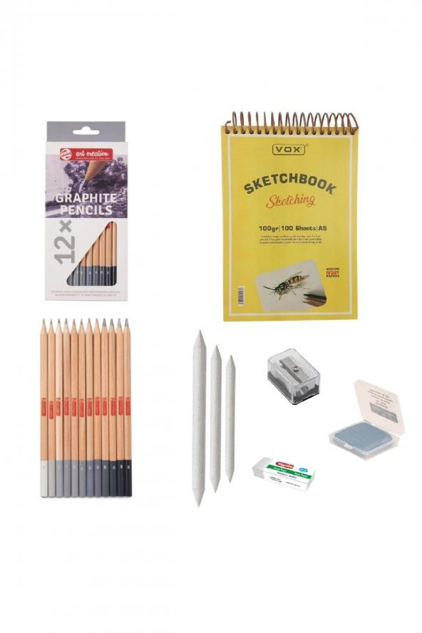 Bruynzeel Eskiz Başlangıç Seti 4 + Dereceli kalem + a5 Defter + Dağıtıcı Set + silgi + Açacak + Hamur silgi