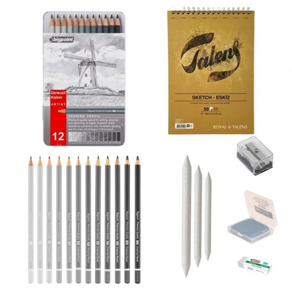 Bigpoint Eskiz Başlangıç Seti 2 + Dereceli kalem + a5 Defter + Dağıtıcı Set + silgi + Açacak + Hamur silgi