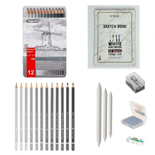 Bigpoint Eskiz Başlangıç Seti 9 + Dereceli kalem + a5 Defter + Dağıtıcı Set + silgi + Açacak + Hamur silgi