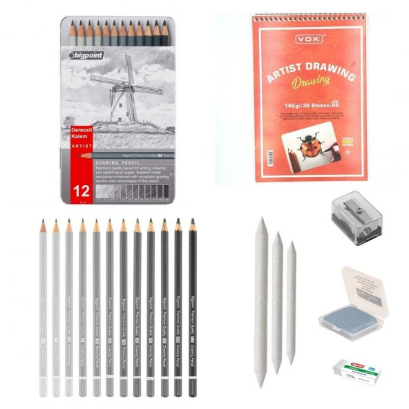 Bigpoint Eskiz Başlangıç Seti 8 + Dereceli kalem + a5 Defter + Dağıtıcı Set + silgi + Açacak + Hamur silgi