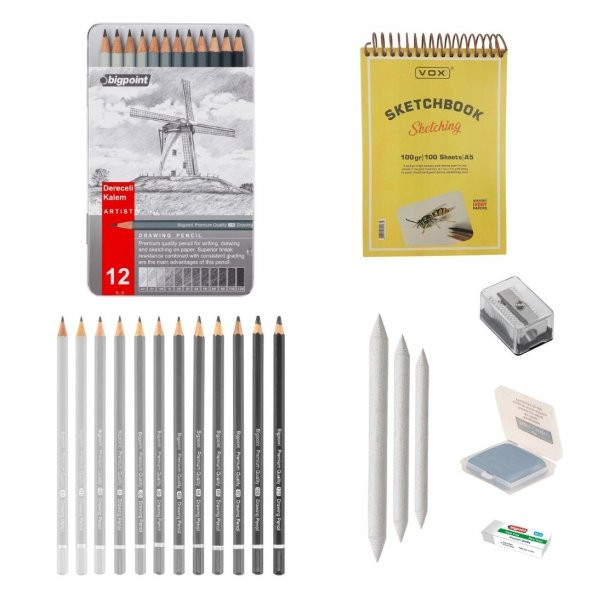 Bigpoint Eskiz Başlangıç Seti 5 + Dereceli kalem + a5 Defter + Dağıtıcı Set + silgi + Açacak + Hamur silgi