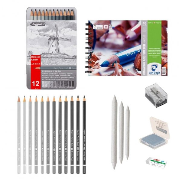 Bigpoint Eskiz Başlangıç Seti 1 + Dereceli kalem + a5 Defter + Dağıtıcı Set + silgi + Açacak + Hamur silgi