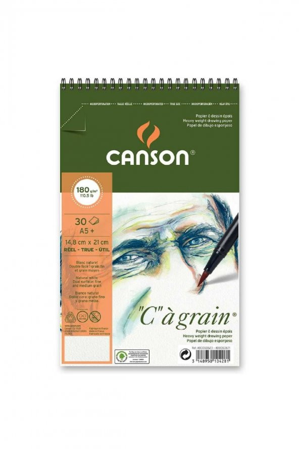 Canson Ca Grain Spiral Pad 180gr Doğal Beyaz Spiralli Çizim Blok 30 Sayfa A5 (14.9x21cm)