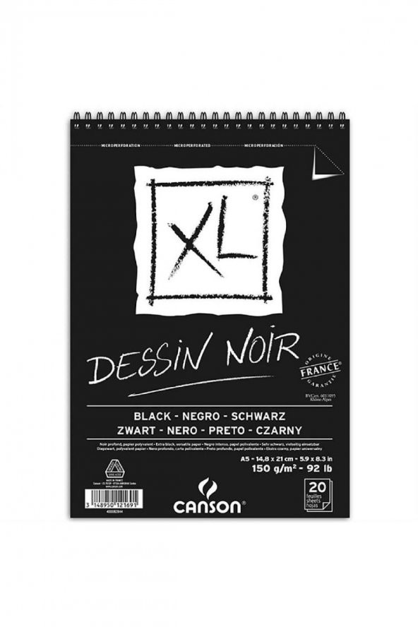 Canson XL Siyah Spiralli Çizim Blok 150gr 20 Sayfa A5(14.8x21cm)