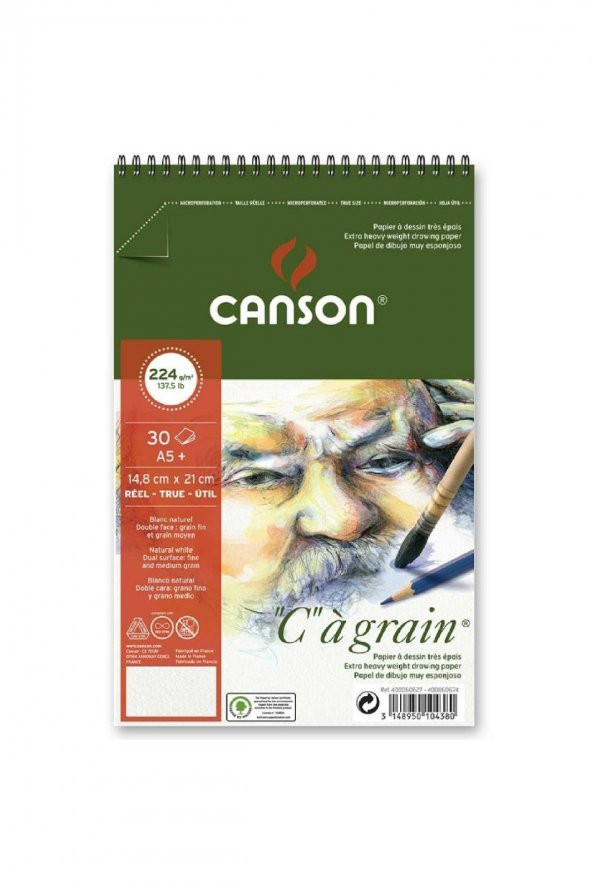 Canson Ca Grain Spiral Pad 224gr Doğal Beyaz Spiralli Çizim Blok 30 Sayfa A5 (14.9x21cm)