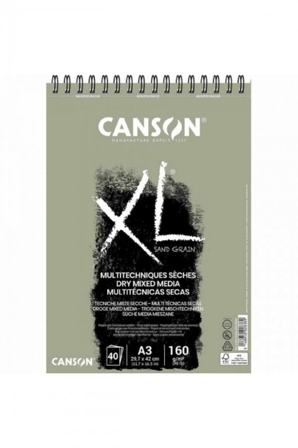 Canson XL Sand Grain Gris Spiral Pad 160gr A3(29,7x42cm)40 Sayfa