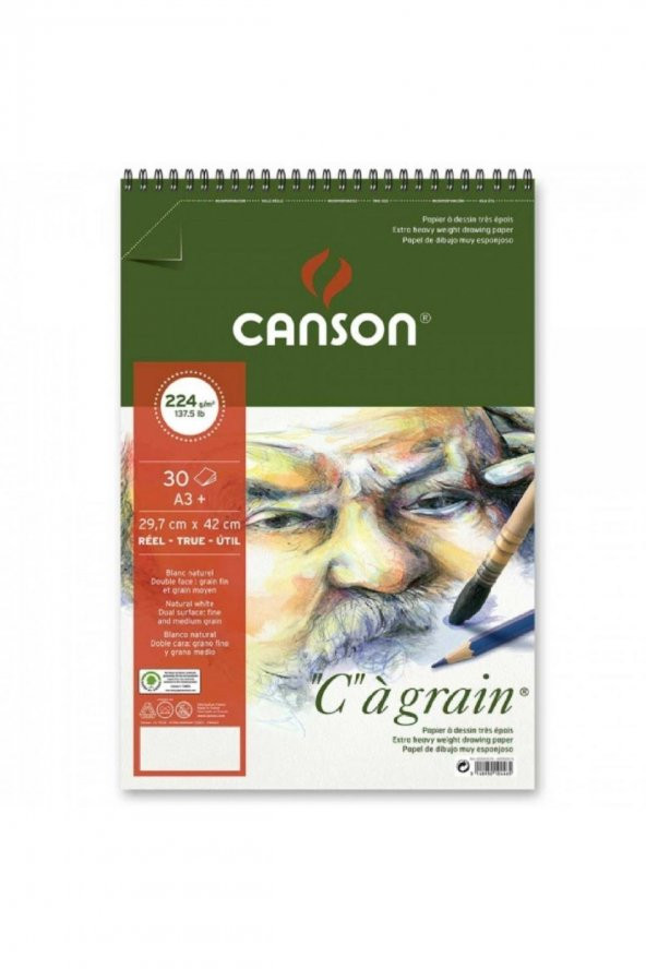 Canson Ca Grain Spiral Pad 224gr Doğal Beyaz Spiralli Çizim Blok 30 Sayfa A3 (29.7x42cm)