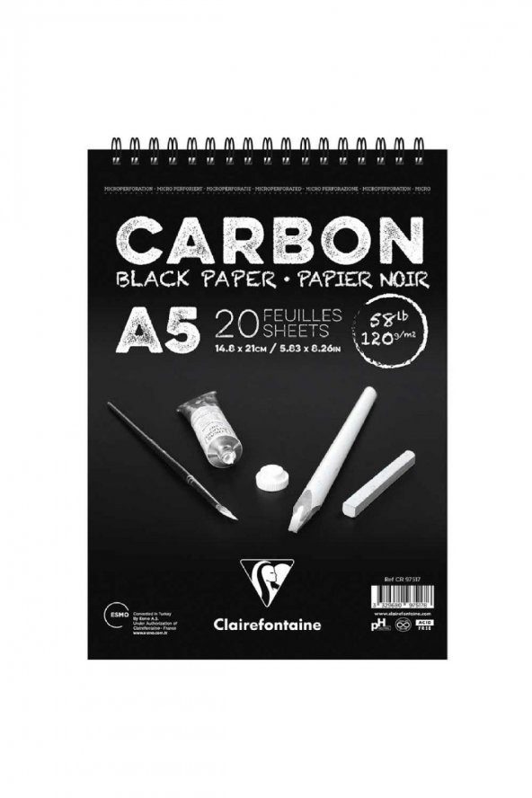 Clairefontaine Carbon 120gr Siyah Spiralli Resim Blok 20 Sayfa A5 (14.8x21cm) (Kısa Kenar Spiral)