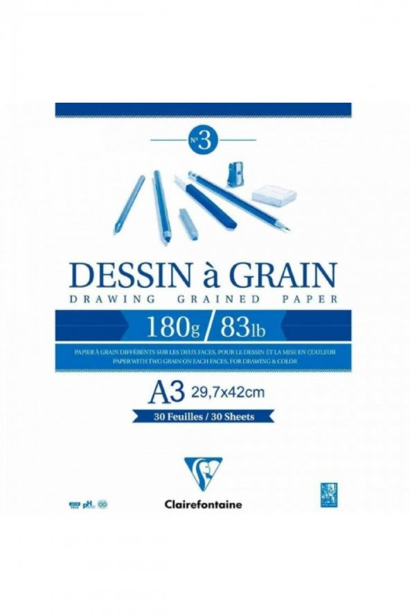Clairefontaine Dessin A Grain 180gr Doğal Beyaz Çok Amaçlı Çizim Blok 30 Sayfa A3 (29.7x42cm)
