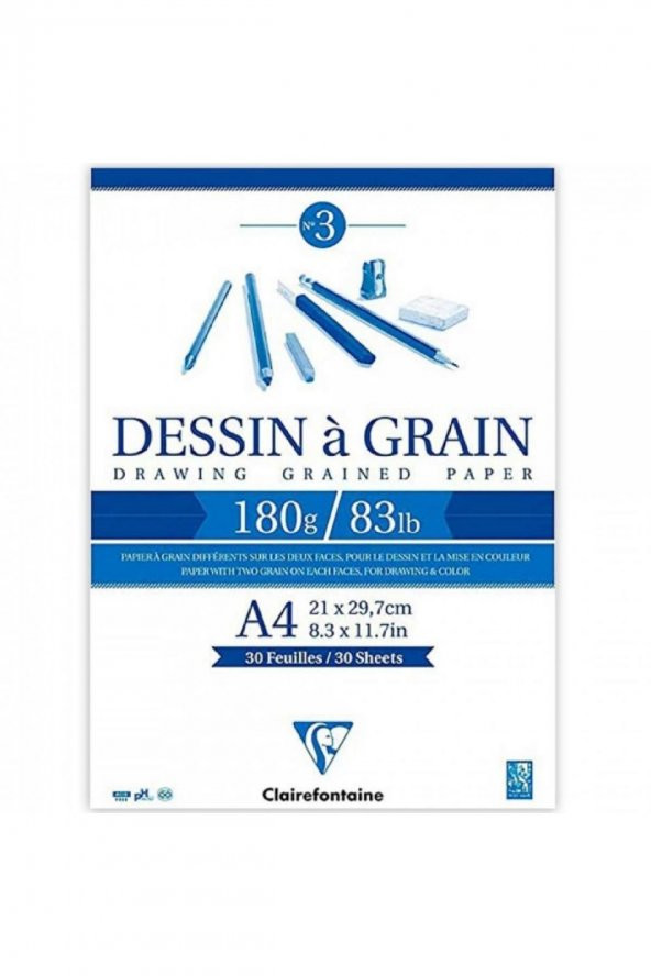 Clairefontaine Dessin A Grain 180gr Doğal Beyaz Çok Amaçlı Çizim Blok 30 Sayfa A4 (21x29.7cm