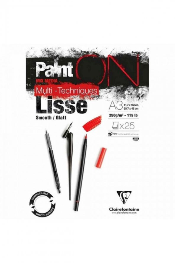 Clairefontaine Paint-On Lisse 250gr Pürüzsüz Doku Çok Amaçlı Resim Blok 25 Sayfa A3 (29.7x42cm)
