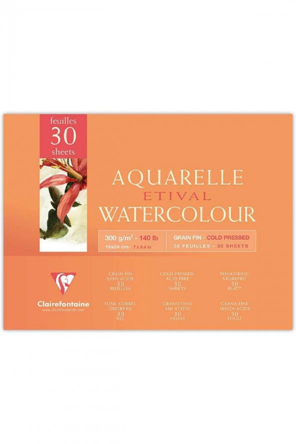 Clairefontaine Etival Cold Pressed 300gr Sulu Boya Blok 30 Sayfa 18x24cm Uzun Kenarı Yapışkanlı