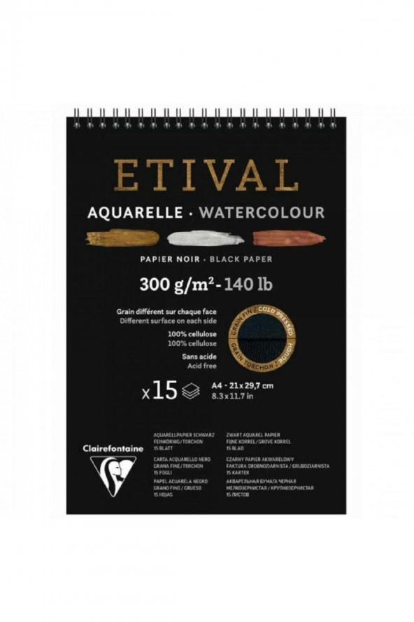 Clairefontaine Etival Cold Pressed 300gr Siyah Spiralli Sulu Boya Blok 15 Sayfa A4 (21x29.7cm)