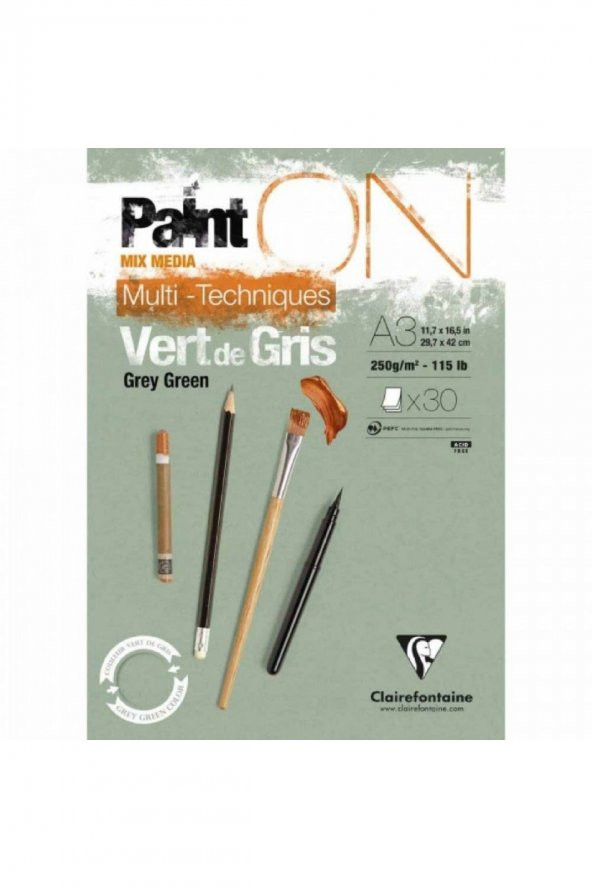 Clairefontaine Paint-On Grey Green 250gr Yeşil Çok Amaçlı Resim Blok 30 Sayfa A3 (29.7x42cm)