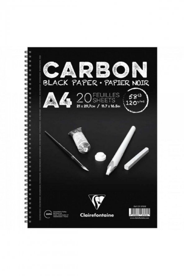 Clairefontaine Carbon 120gr Siyah Spiralli Resim Blok 20 Sayfa A4 (21x29.7cm) (Uzun Kenar Spiral)
