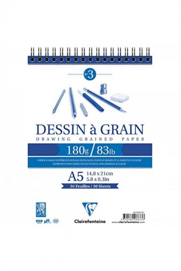 Clairefontaine Dessin A Grain 180gr Doğal Beyaz Çok Amaçlı Spiralli Resim Blok 30 Sayfa A5 (14.8x21cm)