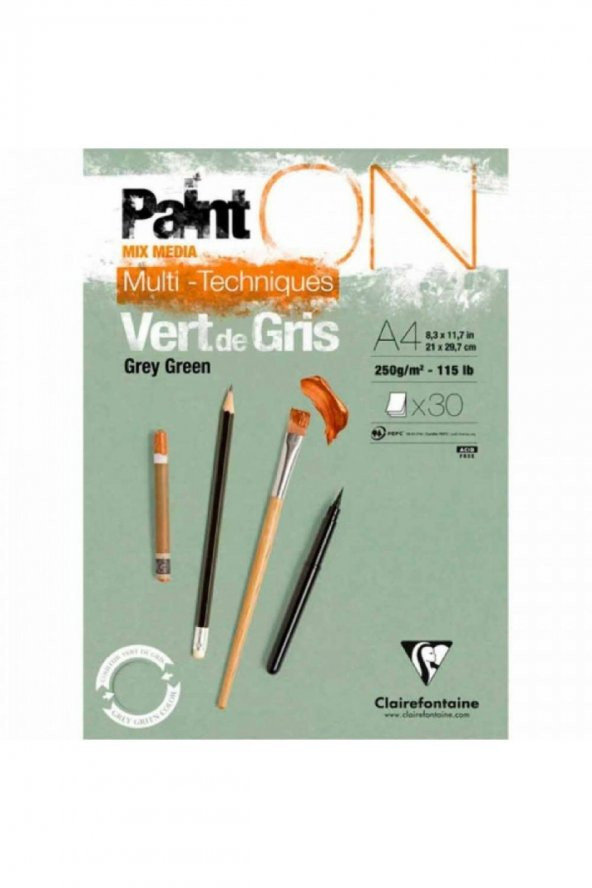 Clairefontaine Paint-On Grey Green 250gr Yeşil Çok Amaçlı Resim Blok 30 Sayfa A4 (21x29.7cm)