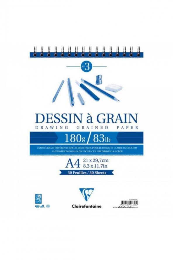 Clairefontaine Dessin A Grain 180gr Doğal Beyaz Çok Amaçlı Spiralli Resim Blok 30 Sayfa A4 (21x29.7cm)