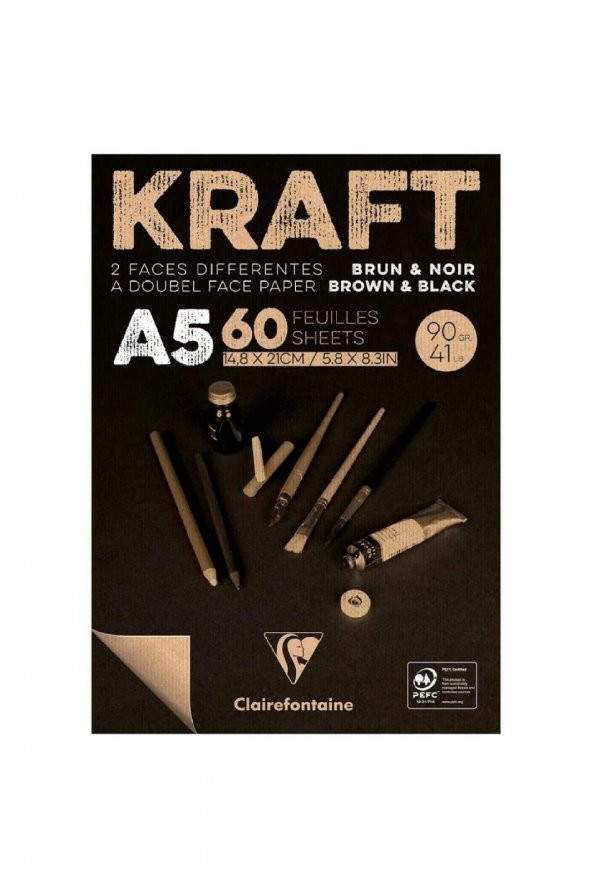 Clairefontaine Kraft Brown/Black 90gr (Kahverengi/Siyah) Çok Amaçlı Resim Blok 60 Sayfa A5 (14.8x21cm)