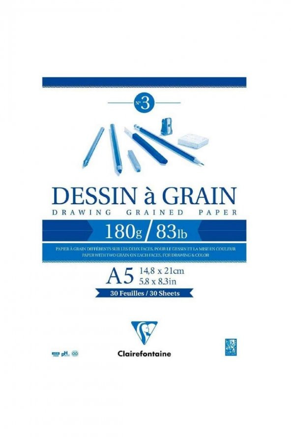 Clairefontaine Dessin A Grain 180gr Doğal Beyaz Çok Amaçlı Çizim Blok 30 Sayfa A5 (14.8x21cm)