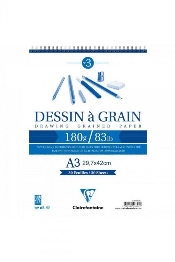 Clairefontaine Dessin A Grain 180gr Doğal Beyaz Çok Amaçlı Spiralli Resim Blok 30 Sayfa A3 (29.7x42cm)